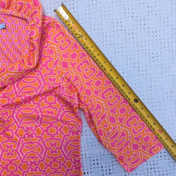 Gretchen Scott Pink & Orange Ruffneck Shift Dress Size L Knee Length 3/4 Sleeve - Picture 7 of 8